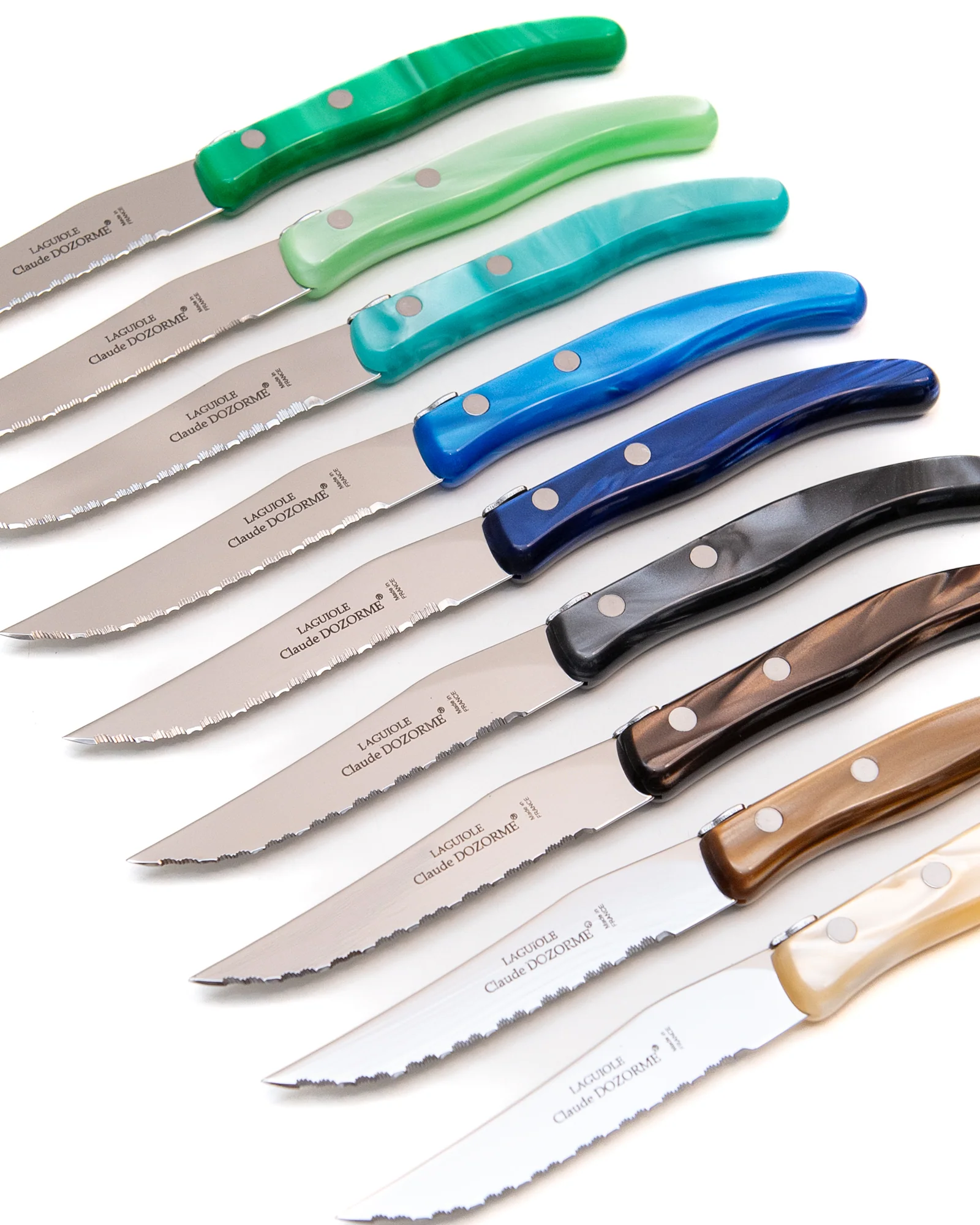 Berlingot Box of 6 Steak Knives in Blue and Green, from Claude Dozorme - Image 3