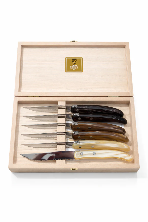 Berlingot Box of 6 Steak Knives in Natural and Brown, from Claude Dozorme