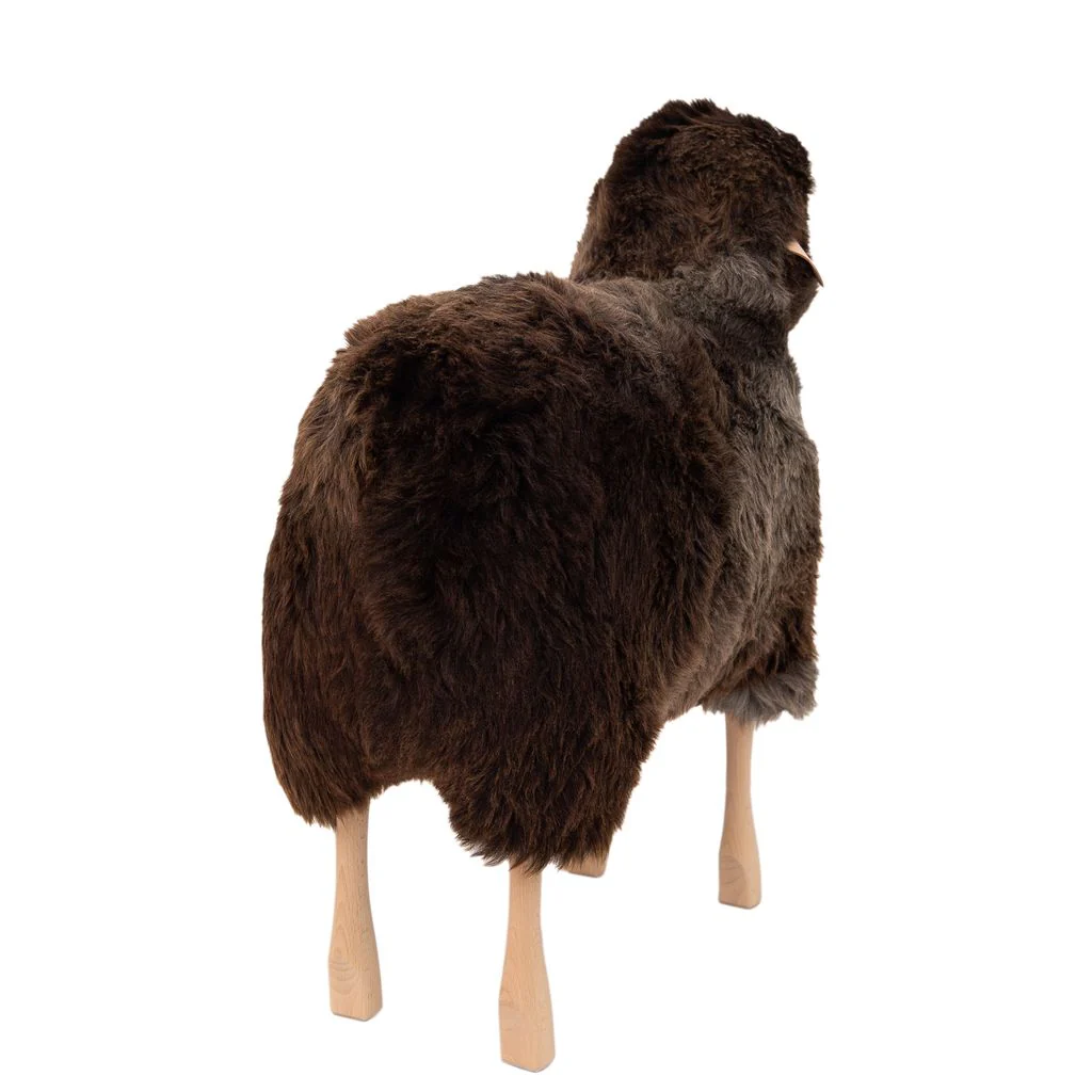 Large Sheep Stool in Brown Grey Fur and Beech Wood - Image 2