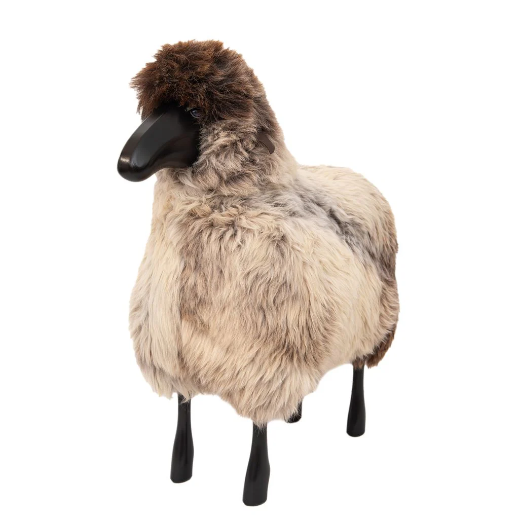 Large Sheep Stool in Grey Brown fur and Black Wood