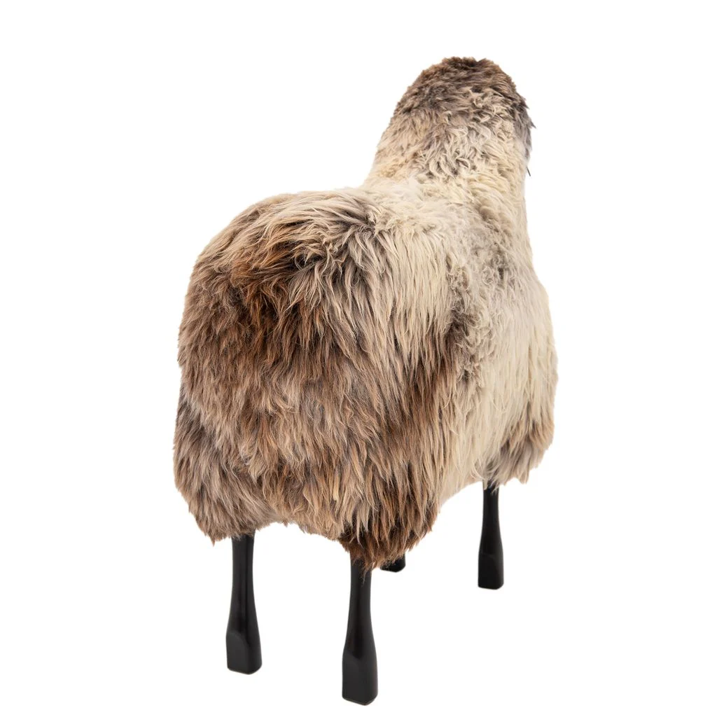 Large Sheep Stool in Grey Brown fur and Black Wood - Image 2